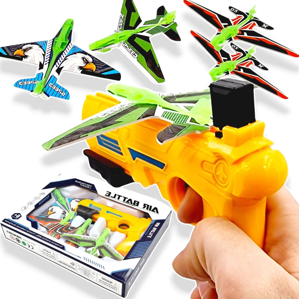 PISTOLET WYRZUTNIA SAMOLOTÓW DUŻY ZASIĘG 4 SAMOLOTY ZESTAW RZUTKA SZYBOWIEC