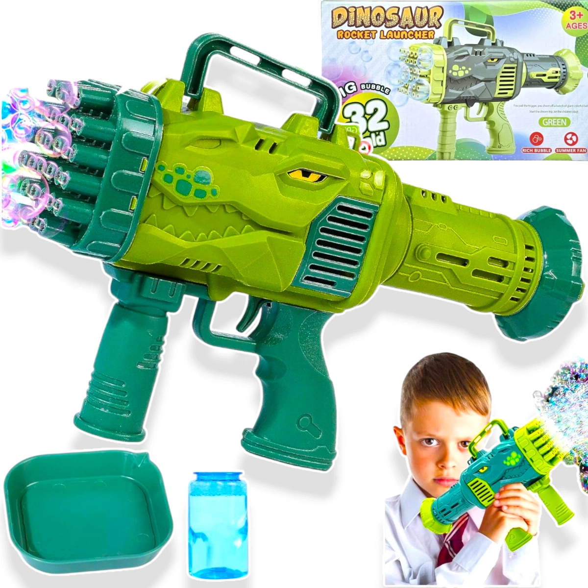 PISTOLET DO BANIEK MYDLANYCH AUTOMAT DINOZAUR MASZYNKA BAŃKI MYDLANE + PŁYN