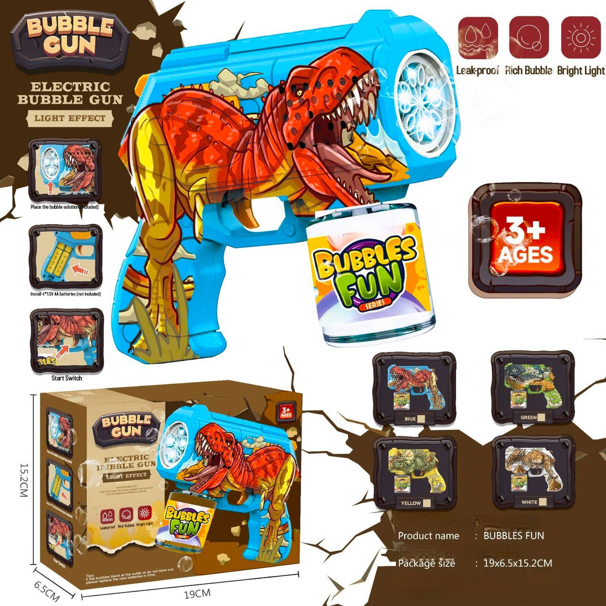 PISTOLET WYRZUTNIA DO BANIEK MYDLANYCH DINOZAUR T-REX MASZYNA BAŃKI MYDLANE