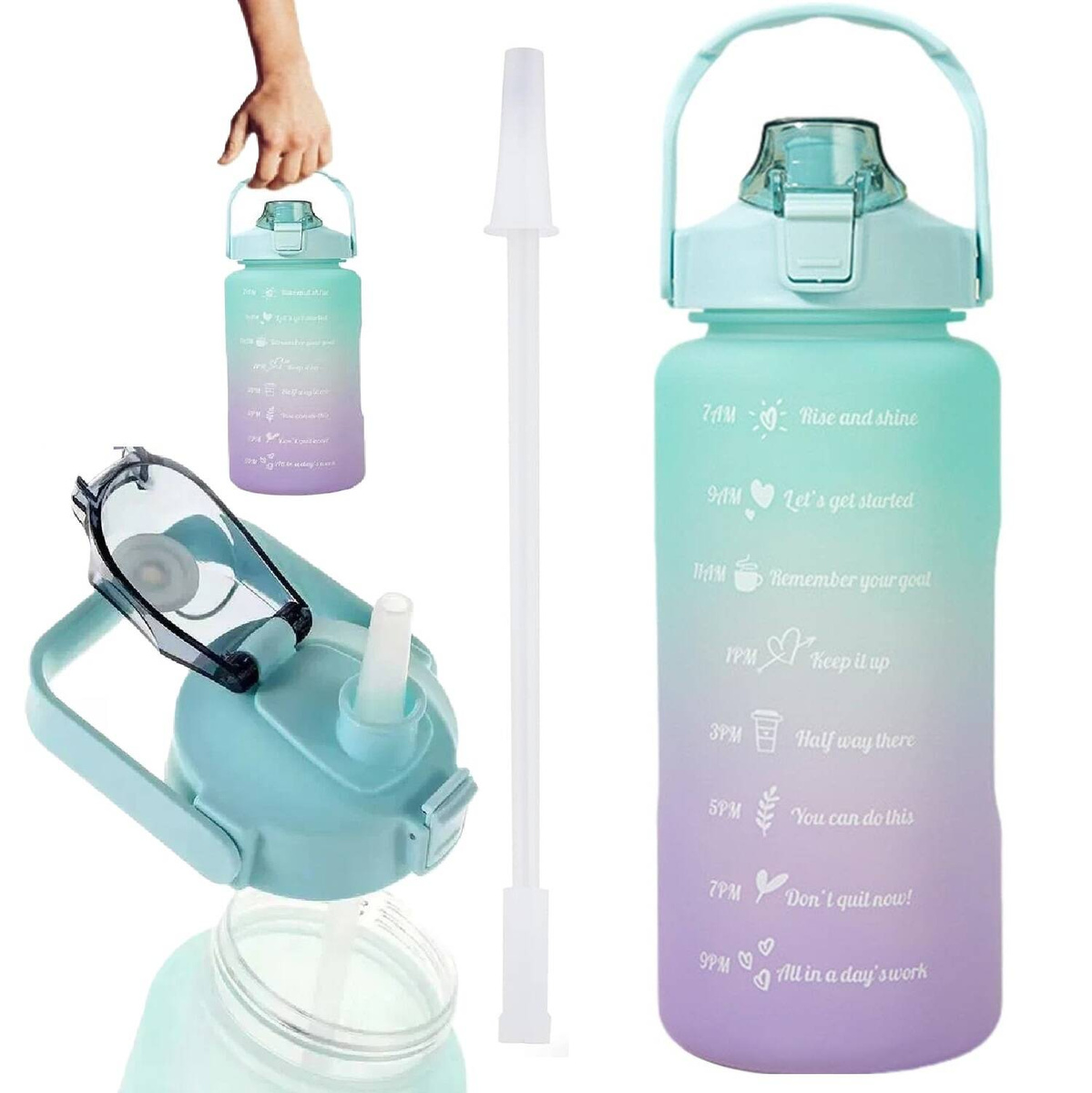 BUTELKA MOTYWACYJNA BIDON NA WODĘ ZE SŁOMKĄ Z UCHWYTEM MIARKĄ 2000ml 2 litr