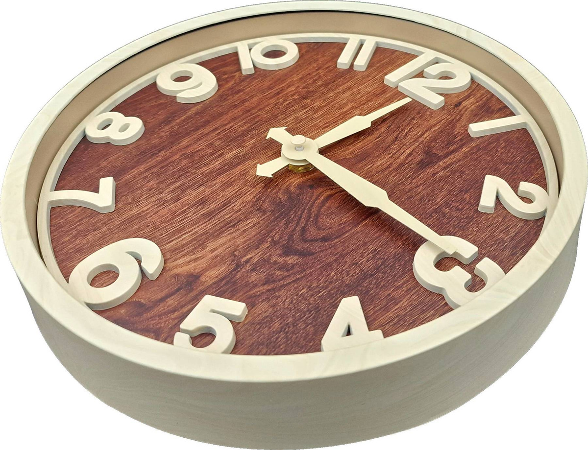 NOWOCZESNY  ZEGAR ŚCIENNY Z DREWNIANA TARCZĄ BIAŁYMI ELEMENTAMI DUŻY 30cm 