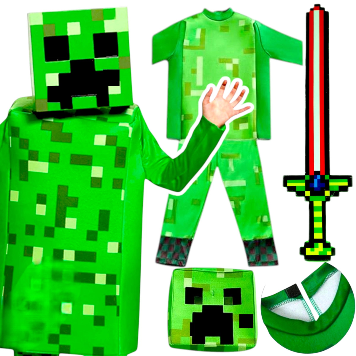 MINECRAFT Strój dla chłopca CREEPER / kostium na bal rozmiar L 130-140 cm + miecz