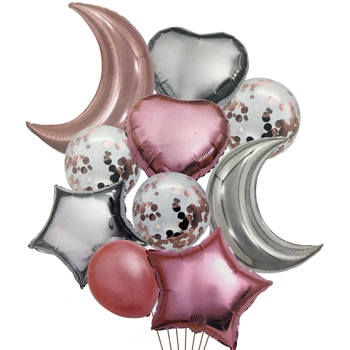 ZESTAW BALONÓW GWIAZDY KSIĘŻYC SERCE KONFETTI 10SZT BALONY RÓŻOWO SREBRNE