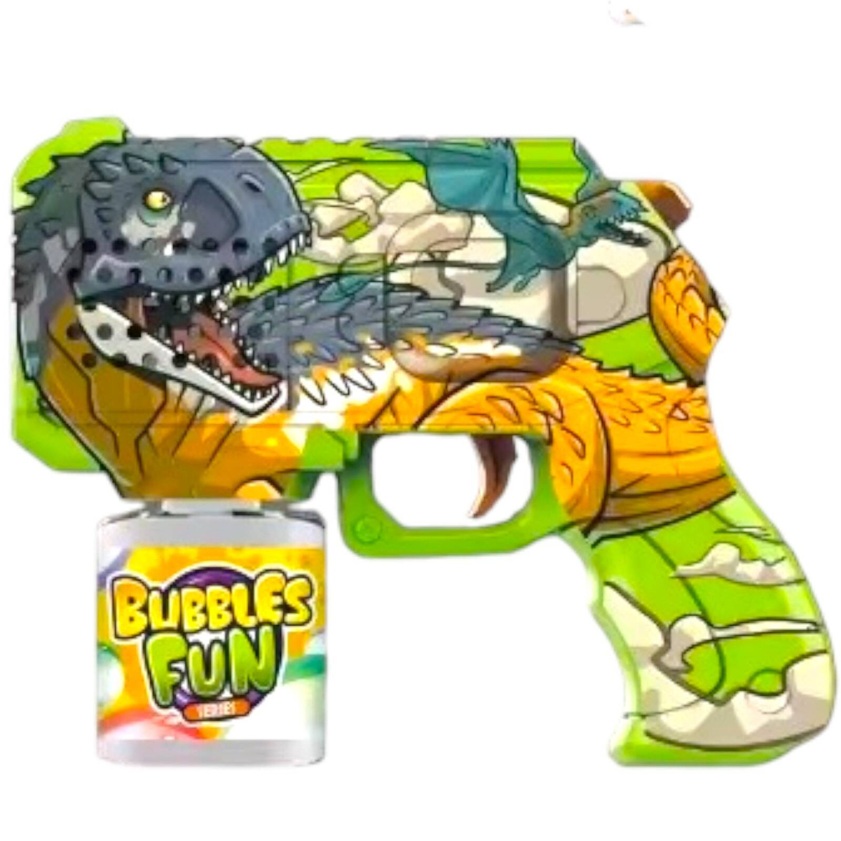 PISTOLET WYRZUTNIA DO BANIEK MYDLANYCH DINOZAUR T-REX MASZYNA BAŃKI MYDLANE