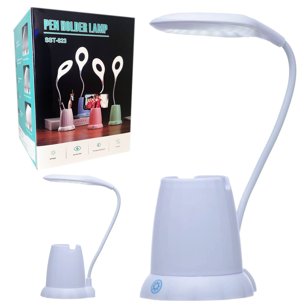 LAMPKA BIURKOWA Z POJEMNIKIEM LED USB PODSTAWKA NA TELEFON  DLA DZIECI