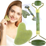 ZESTAW MASAŻER ROLLER KAMIEŃ JADEITOWY DO TWARZY + GUA SHA NATURALNY KAMIEŃ