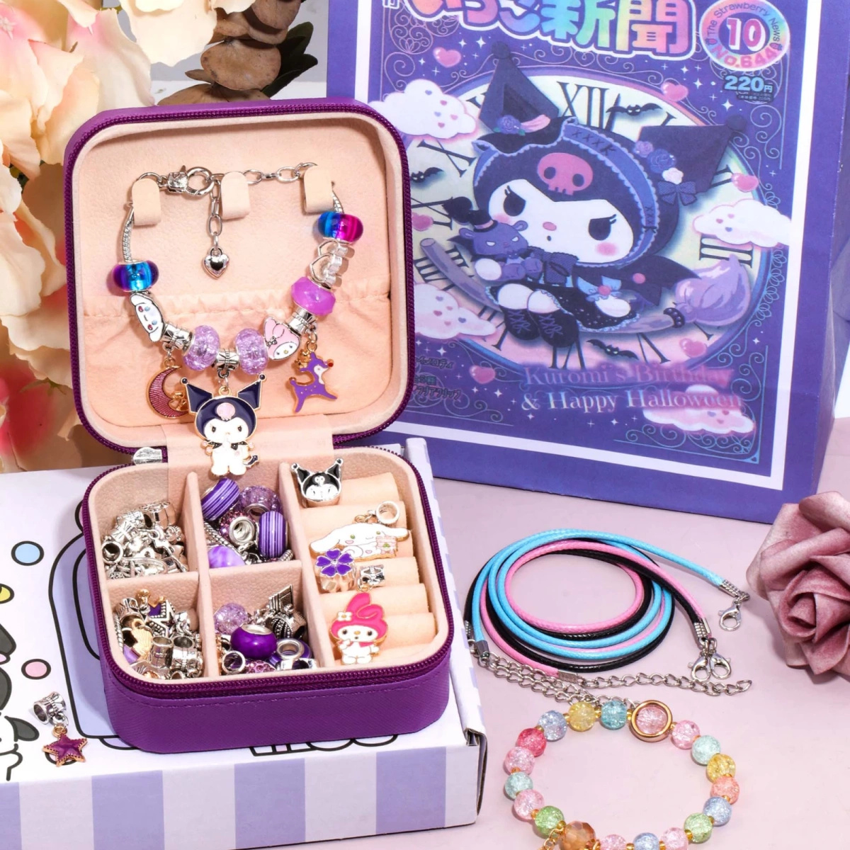 ZESTAW DO ROBIENIA BRANSOLETEK BIŻUTERII DLA DZIECI KUROMI FIOLET KUFEREK