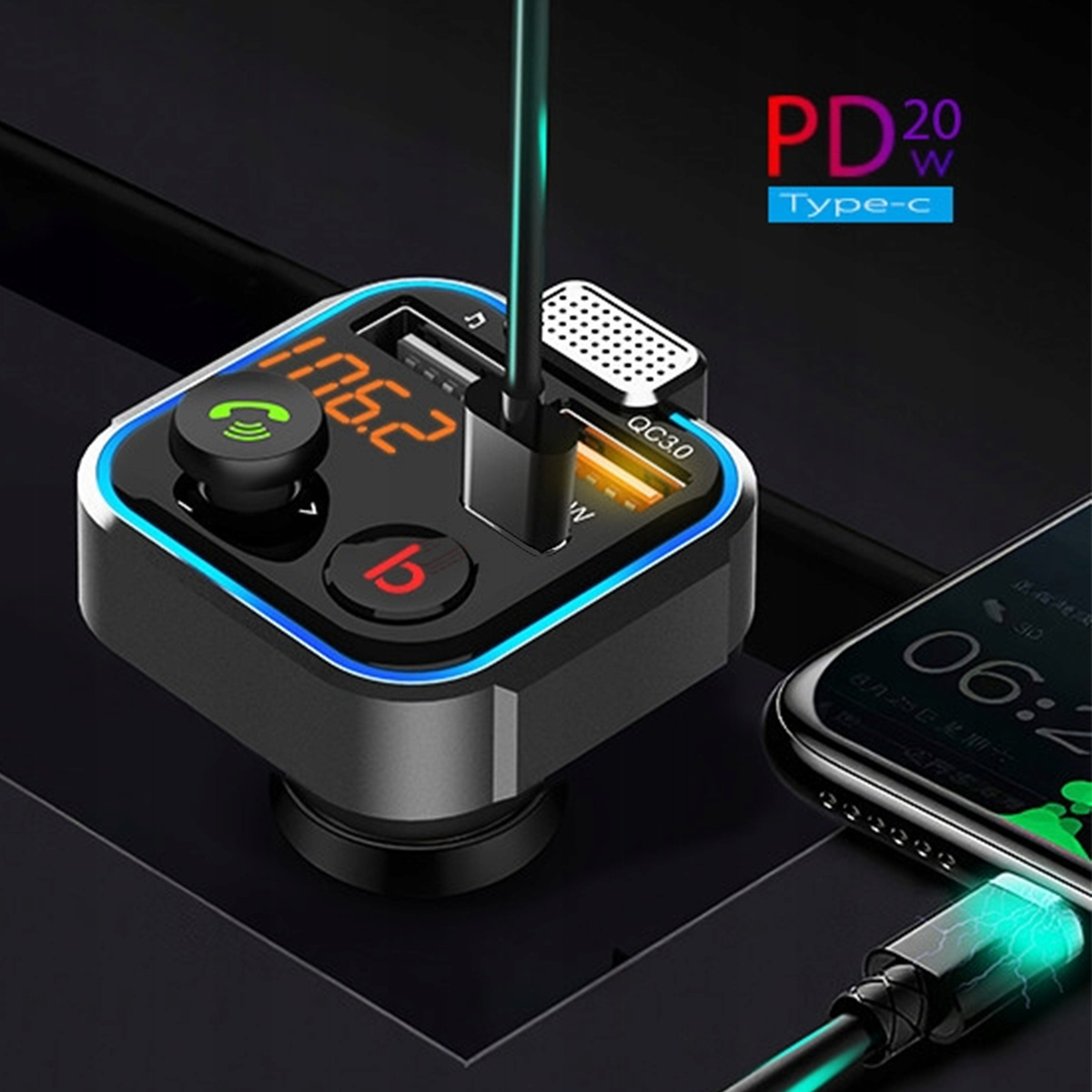 TRANSMITER BLUETOOTH 5.0 FM ŁADOWARKA USB PD 20W MOCNY MIKROFON NA PREZENT 