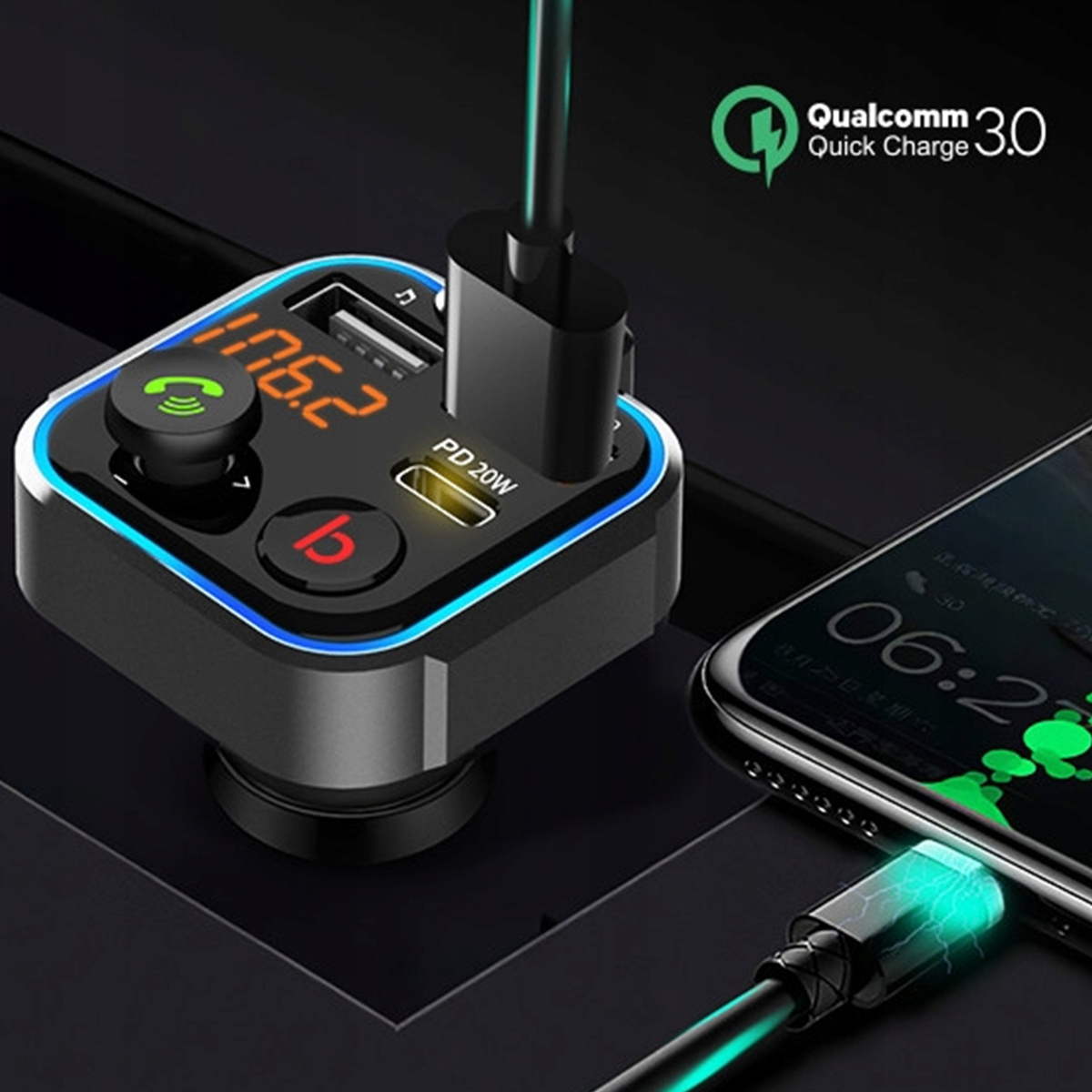 TRANSMITER BLUETOOTH 5.0 FM ŁADOWARKA USB PD 20W MOCNY MIKROFON NA PREZENT 