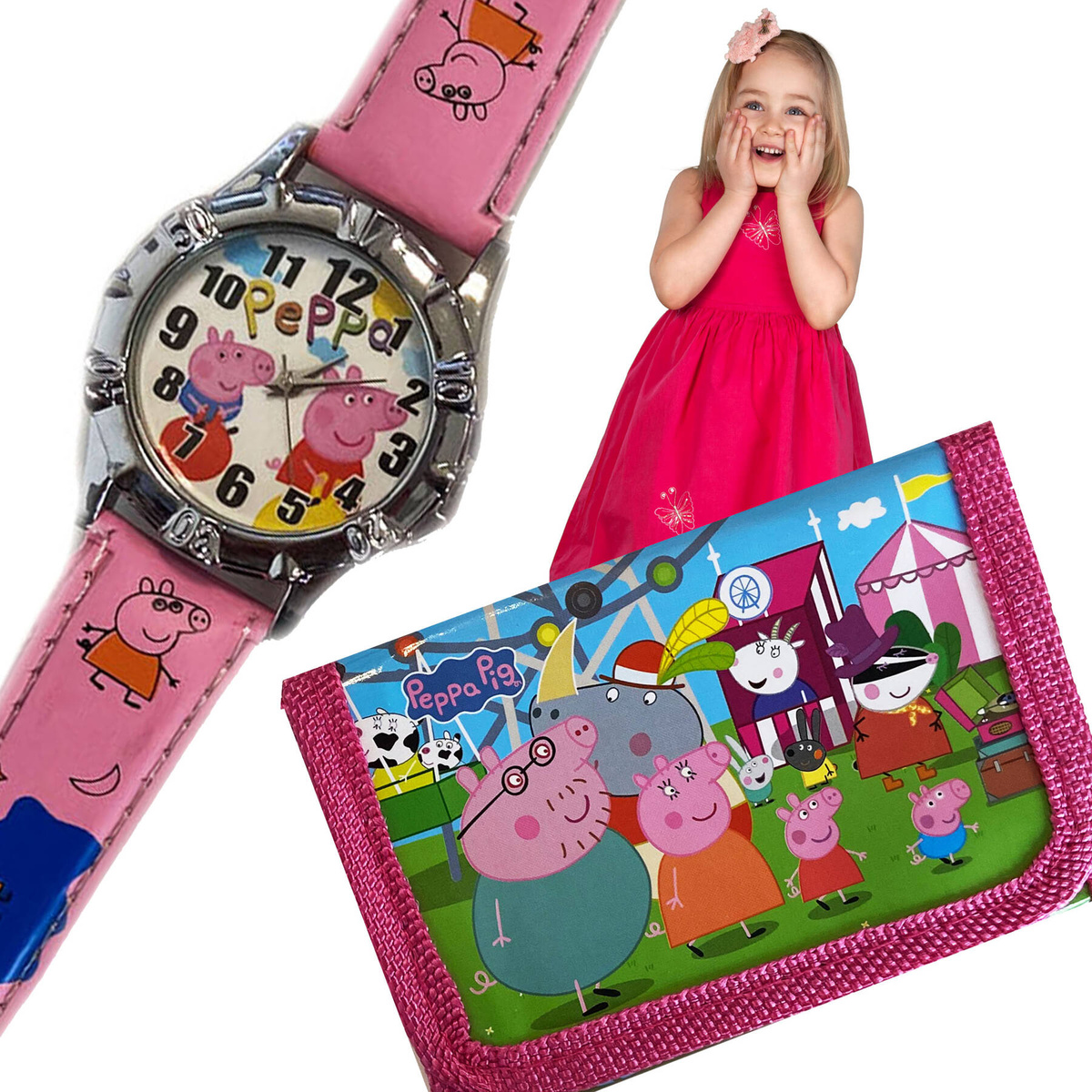 SUPER ZESTAW DLA DZIEWCZYNKI ZEGAREK + PORTFELIK ŚWINKA PEPPA EKO SKÓRA 2W1