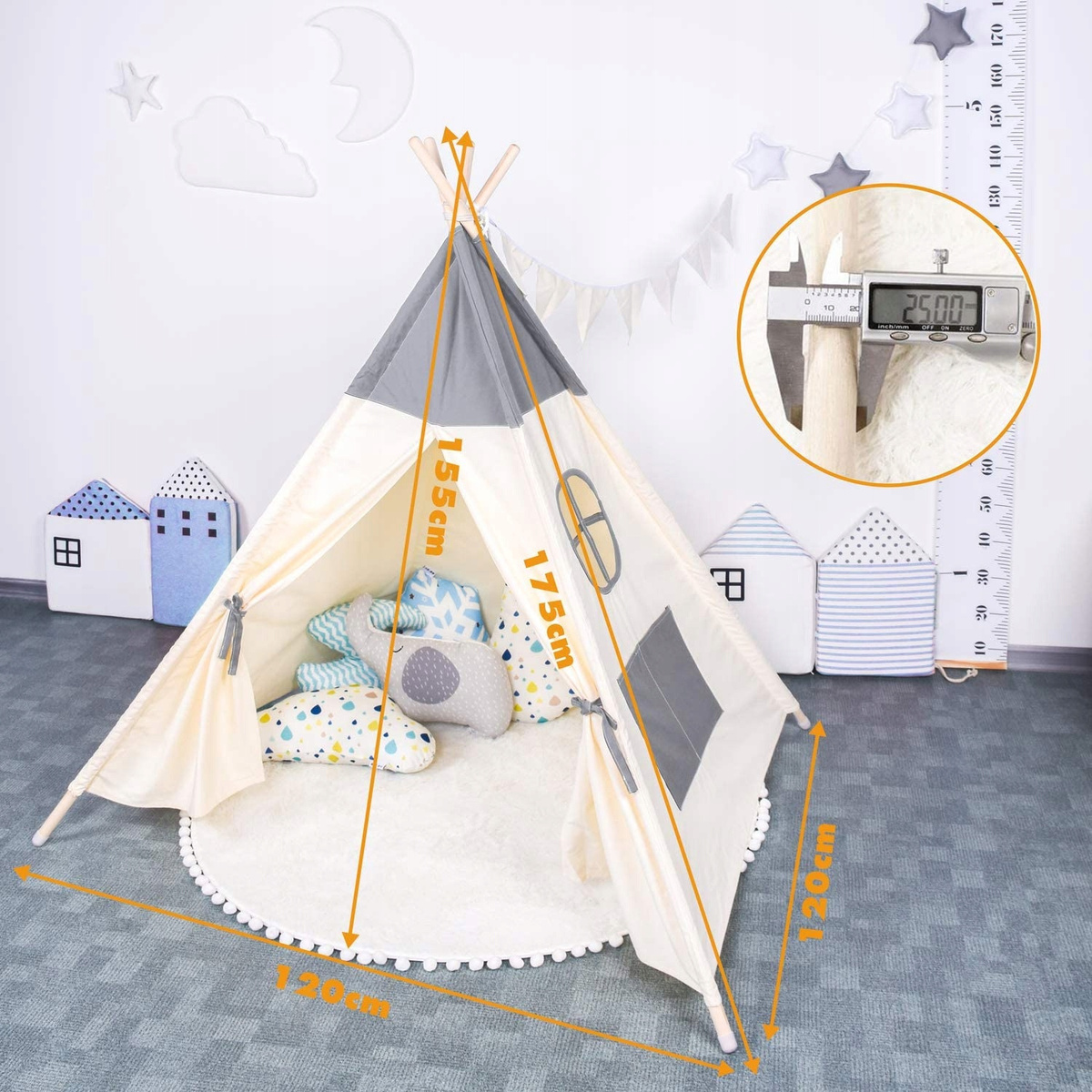 NAMIOT DLA DZIECI TIPI WIGWAM BAZA STABILNY + MIĘKKA MATA + LAMPKI LED