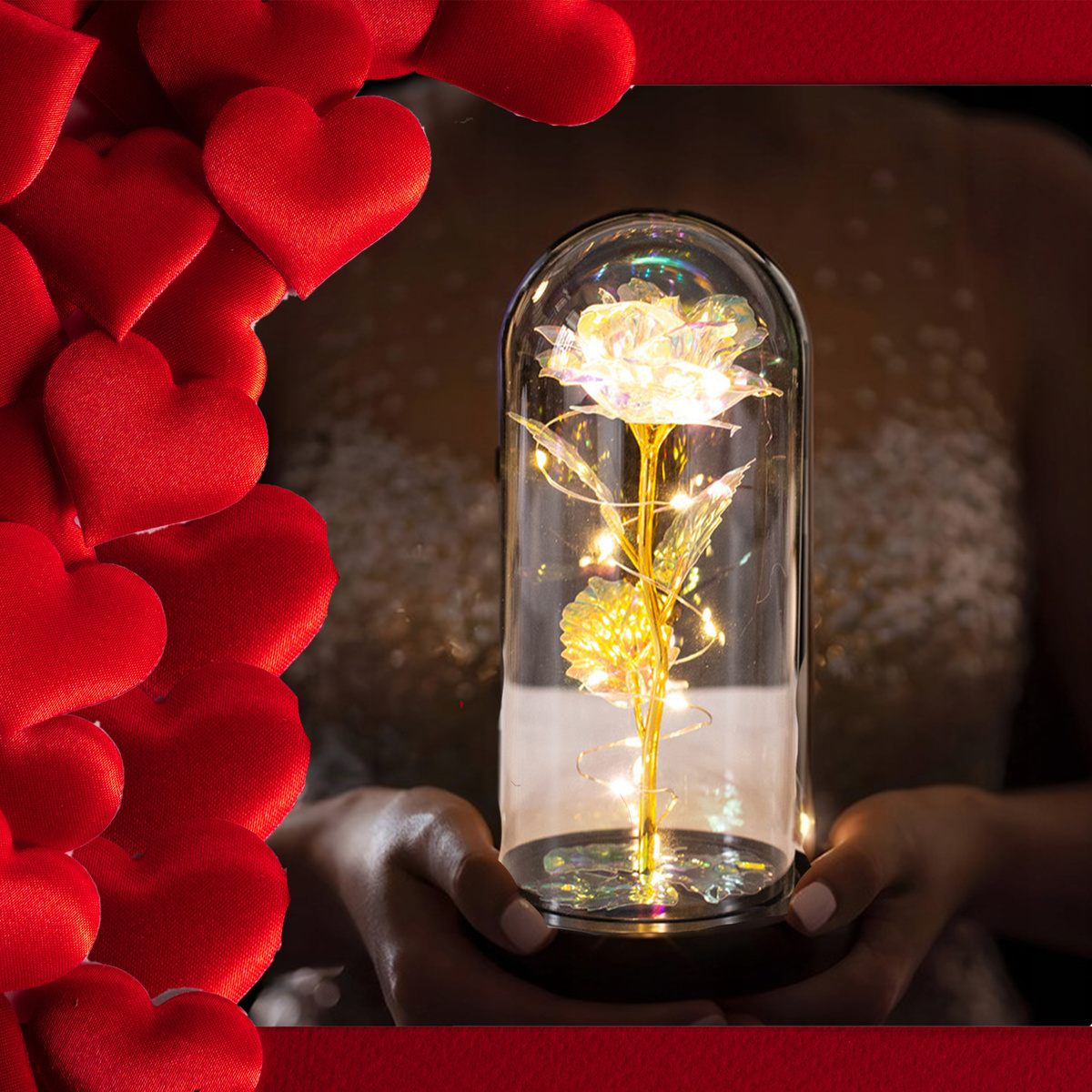 WIECZNA RÓŻA W SZKLE ŚWIECĄCA ŚWIECI LED FLOWERBOX BUKIET KWIATY NA PREZENT