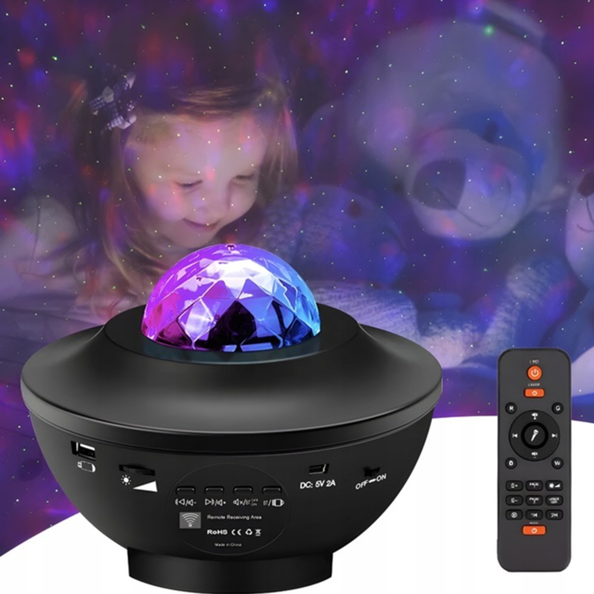 PROJEKTOR GWIAZD ZORZA POLARNA LAMPKA NOCNA DLA DZIECI USB BLUETOOTH PILOT