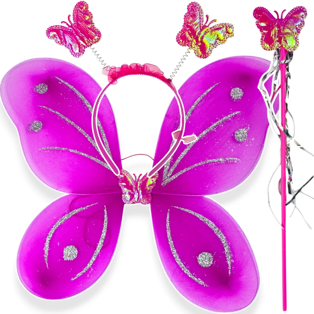 STRÓJ MOTYLKA DLA DZIEWCZYNKI SKRZYDEŁKA RÓŻDŻKA OPASKA MOTYLEK ZESTAW 3w1