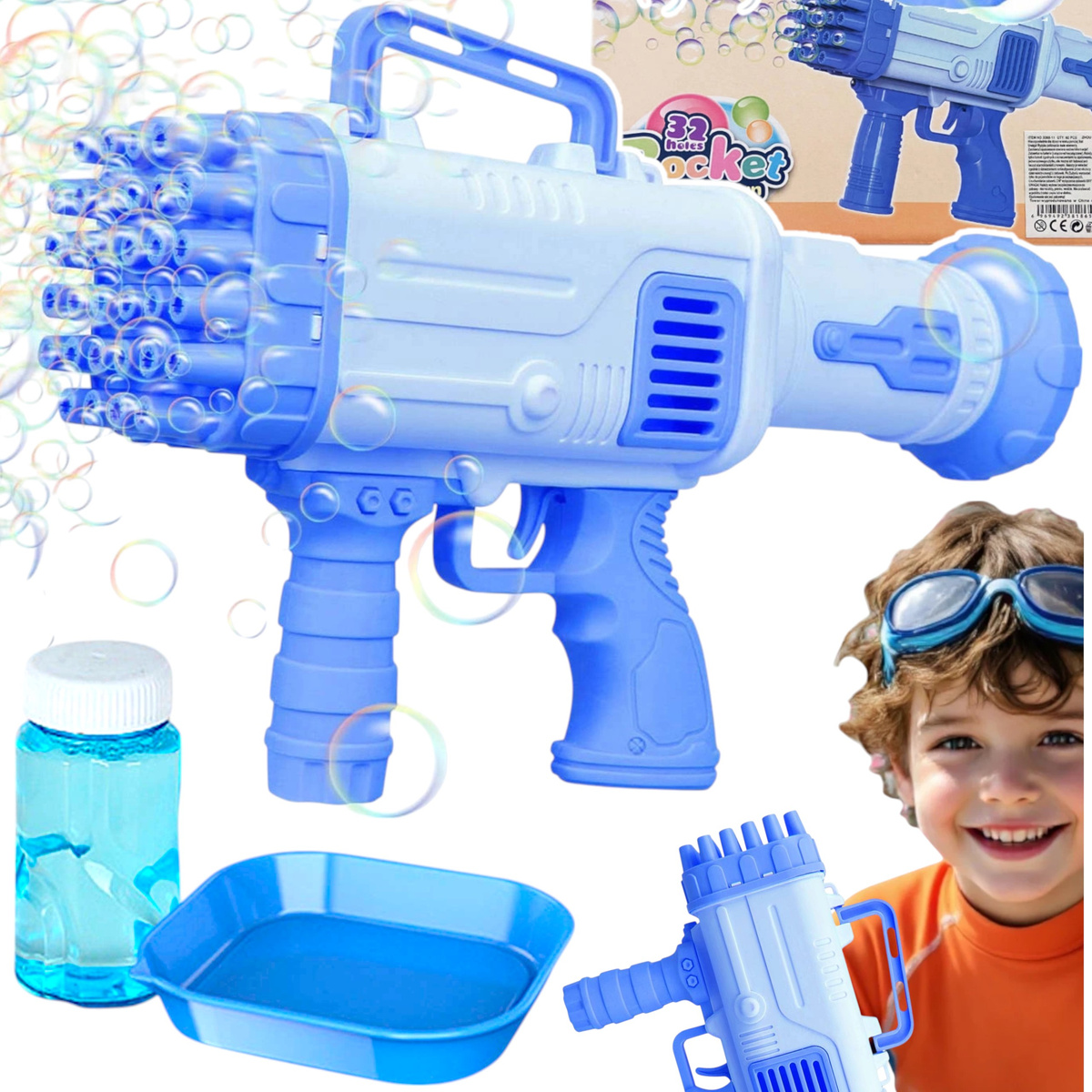PISTOLET NA BAŃKI MYDLANE MASZYNKA WYRZUTNIA BANIEK MYDLANYCH BAZOOKA PŁYN