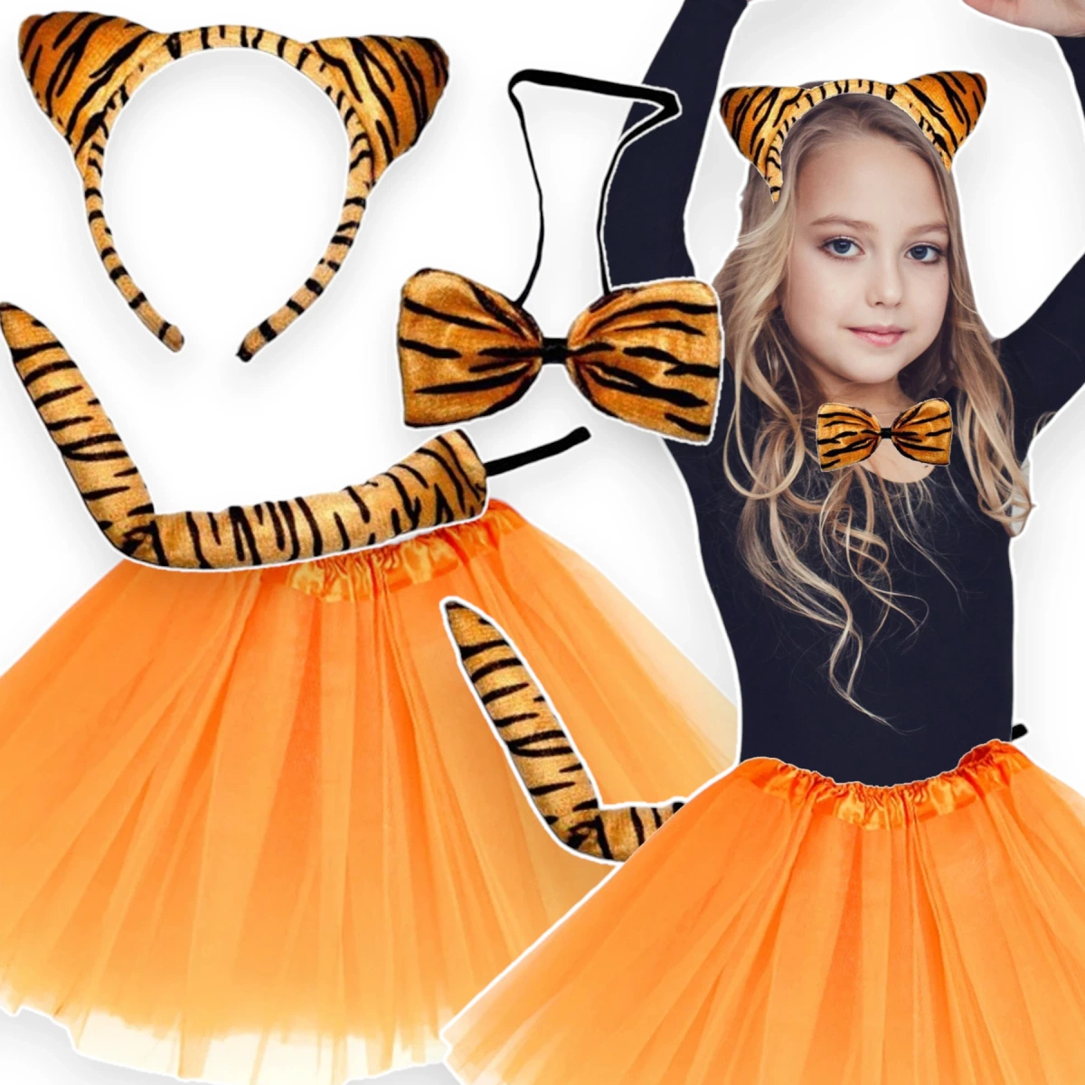 STRÓJ TYGRYSEK DLA DZIEWCZYNKI 4w1 SPÓDNICZKA OPASKA OGONEK KOSTIUM NA BAL 
