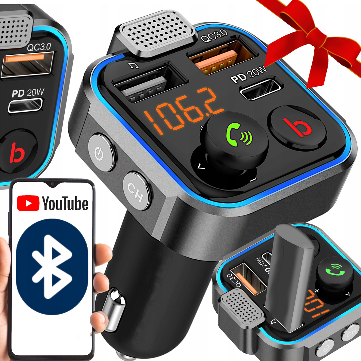 TRANSMITER BLUETOOTH 5.0 FM ŁADOWARKA USB PD 20W MOCNY MIKROFON NA PREZENT 