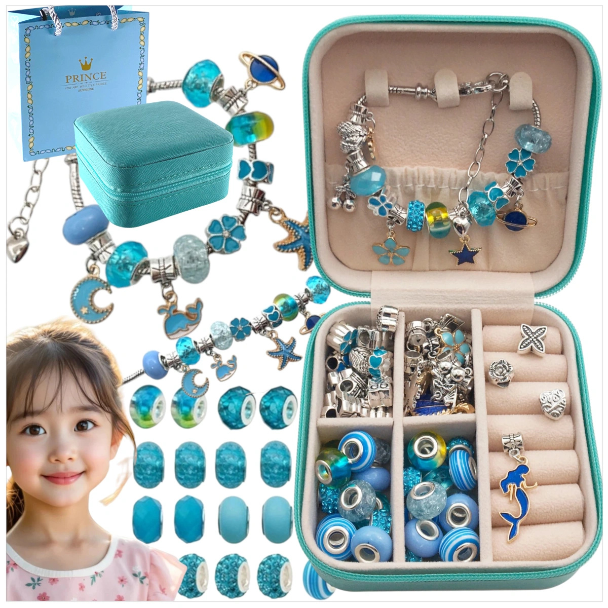 Zestaw do Robienia Bransoletek Koraliki Biżuterii Prezent Zawieszki Kuferek - NIEBIESKI