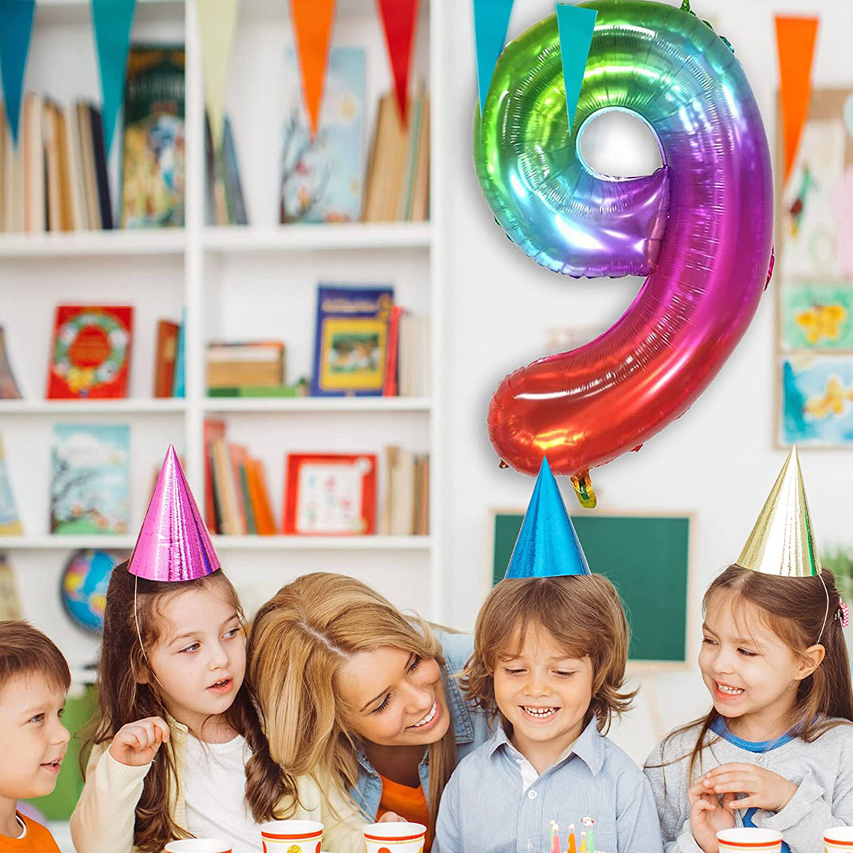 BALON NA 9 URODZINY FOLIOWY CYFRA 9 DZIEWIĘĆ TĘCZOWY KOLOROWY NA HEL 100CM
