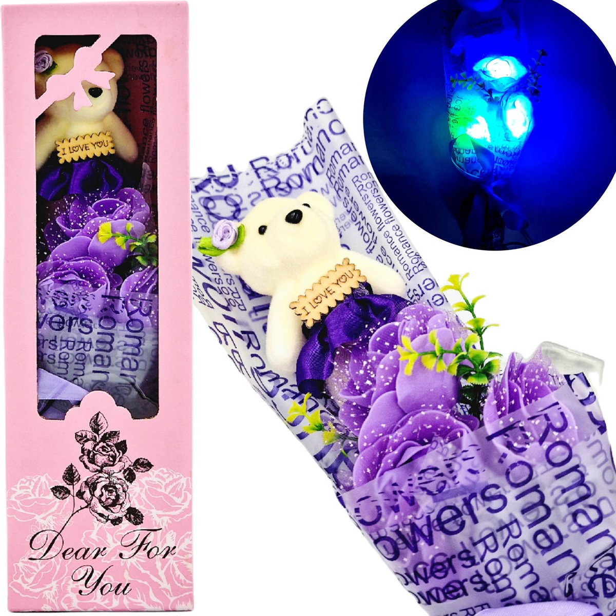 ZESTAW PREZENTOWY NA WALENTYNKI PREZENT 3x WIECZNA RÓŻA MIŚ I LOVE YOU