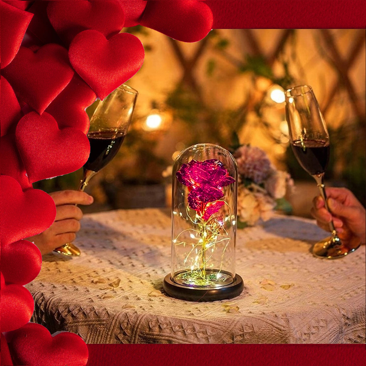 WIECZNA RÓŻA W SZKLE PREZENT NA WALENTYNKI ŚWIECĄCA LED PUDEŁKO PREZENT