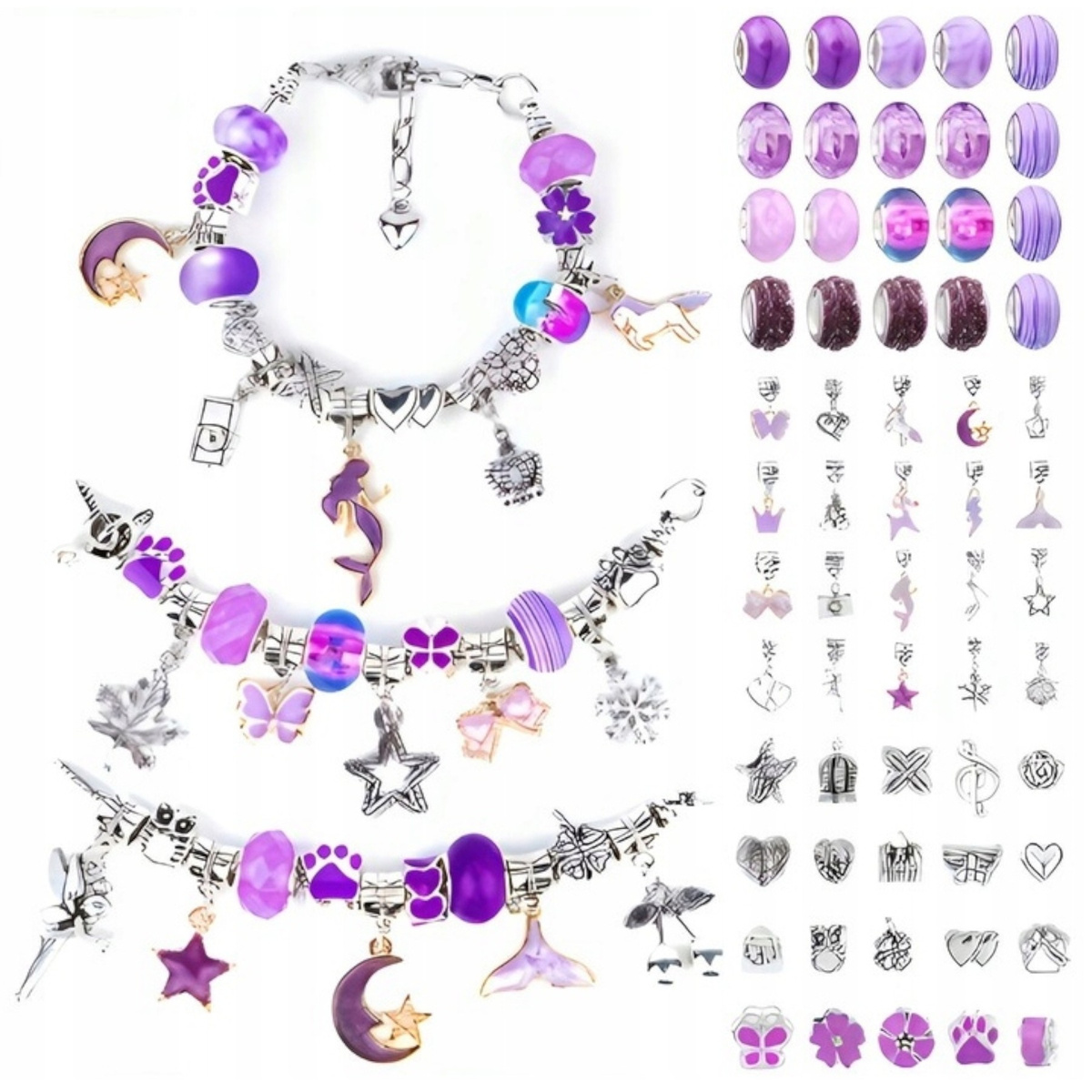 Zestaw do Robienia Bransoletek Koraliki Biżuterii Prezent Zawieszki Kuferek - FIOLETOWY