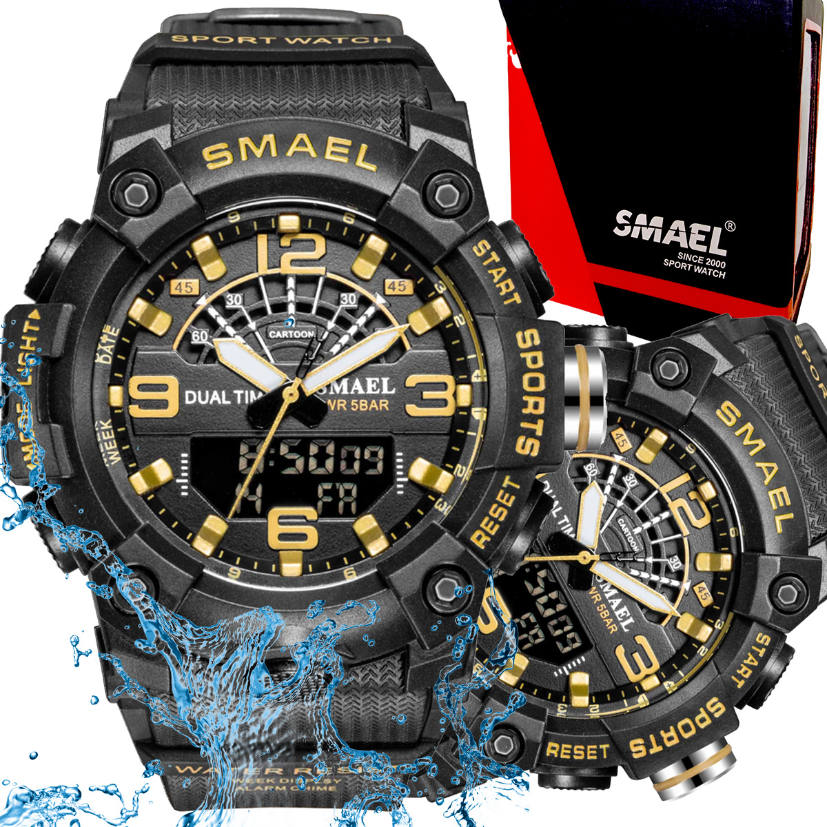 MODNY MĘSKI SPORTOWY ZEGAREK SMAEL STOPER BUDZIK MOCNY WODOODPORNY KOLORY