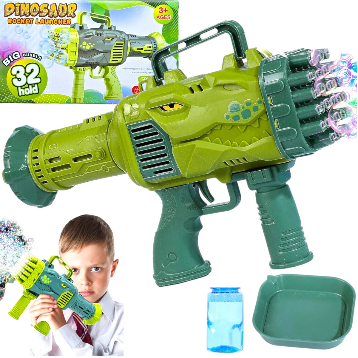 PISTOLET DO BANIEK MYDLANYCH AUTOMAT DINOZAUR MASZYNKA BAŃKI MYDLANE + PŁYN