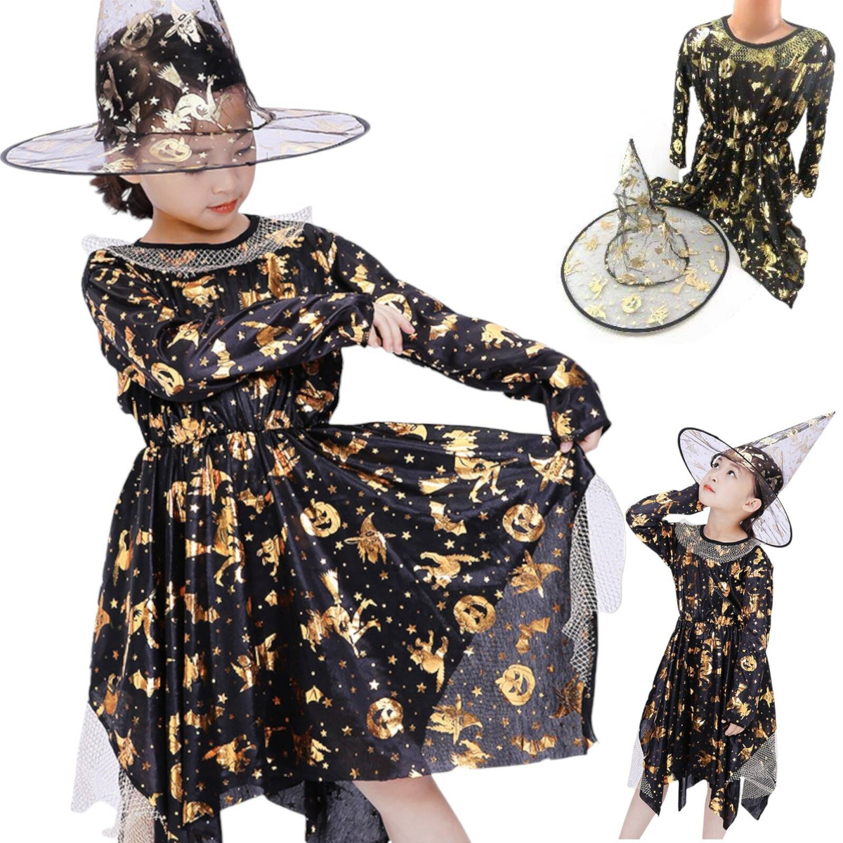 STRÓJ DLA DZIEWCZYNKI NA HALLOWEEN NA BAL PELERYNA KAPELUSZ SUKIENKA 2w1 S