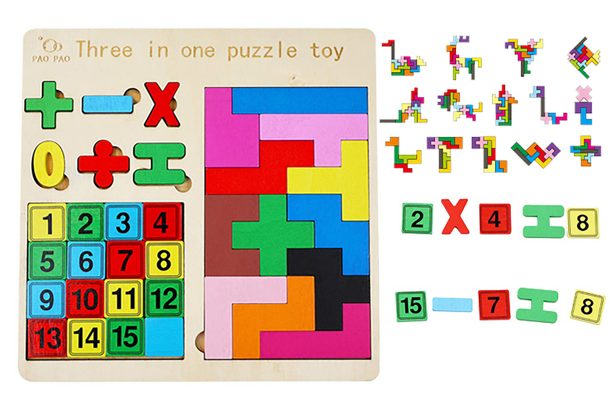 ZABAWKA EDUKACYJNA DREWNIANE PUZZLE TETRIS TABLICZKA MNOŻENIA 3w1 CYFERKI