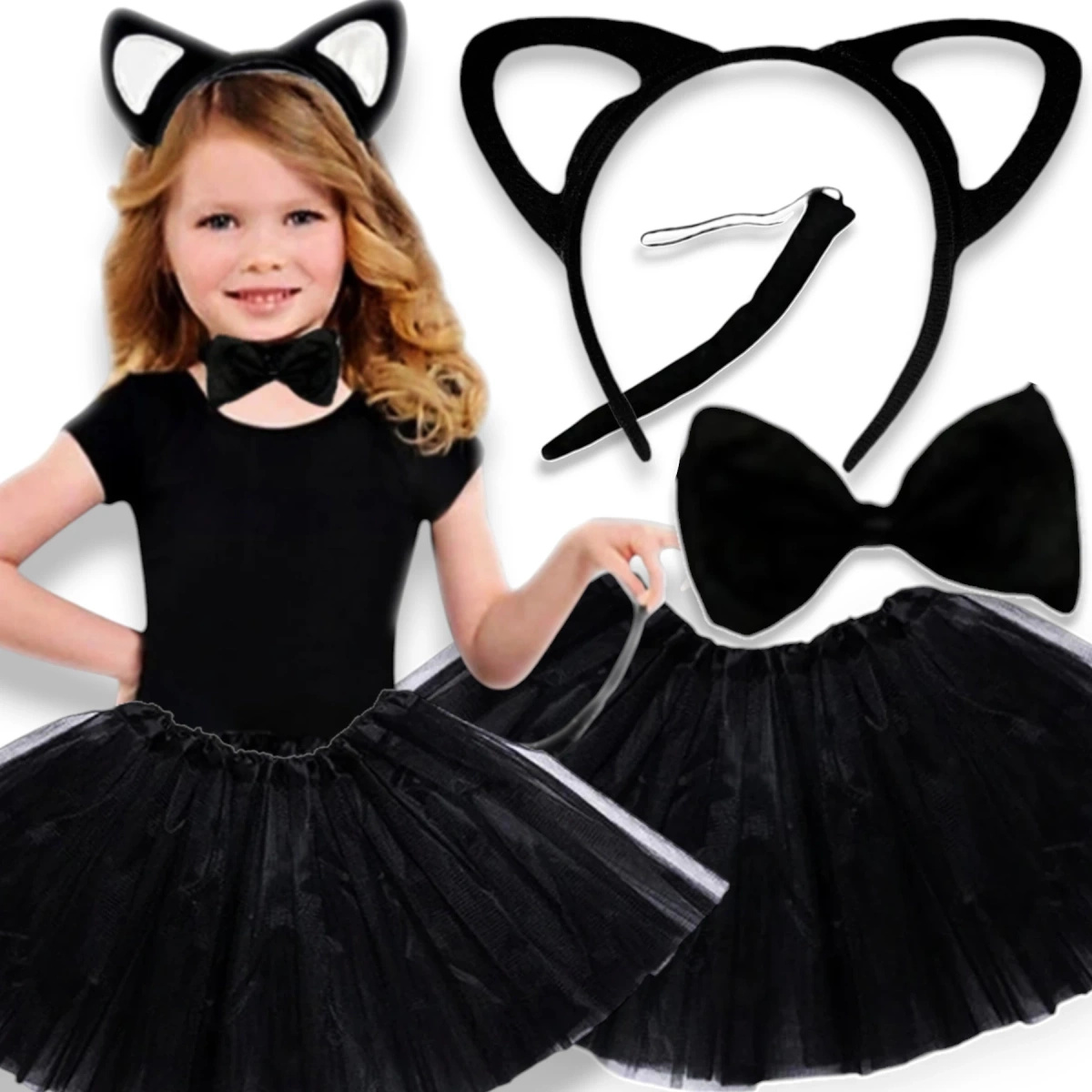PRZEBRANIE CZARNEGO KOTKA CZARNY KOT ZESTAW 4w1 OPASKA SPÓDNICZKA DZIECI