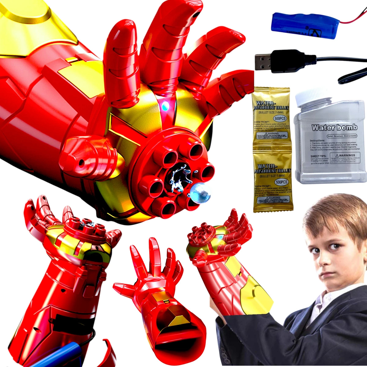 IRON MAN ZESTAW 5w1 WYRZUTNIA KULEK ŻELOWYCH RĘKAWICA PISTOLET KARABIN AUTO