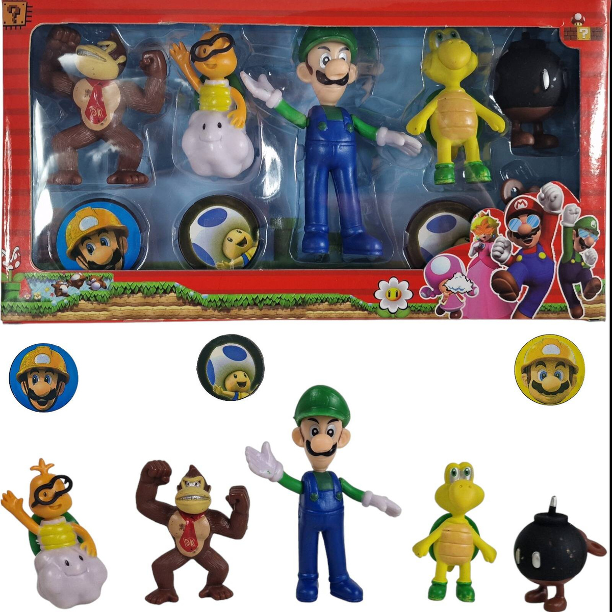 SUPER MARIO BROS FIGURKI ZESTAW 5 FIGUREK 3 ŻETONY FIGURKA LUIGI DONKEY