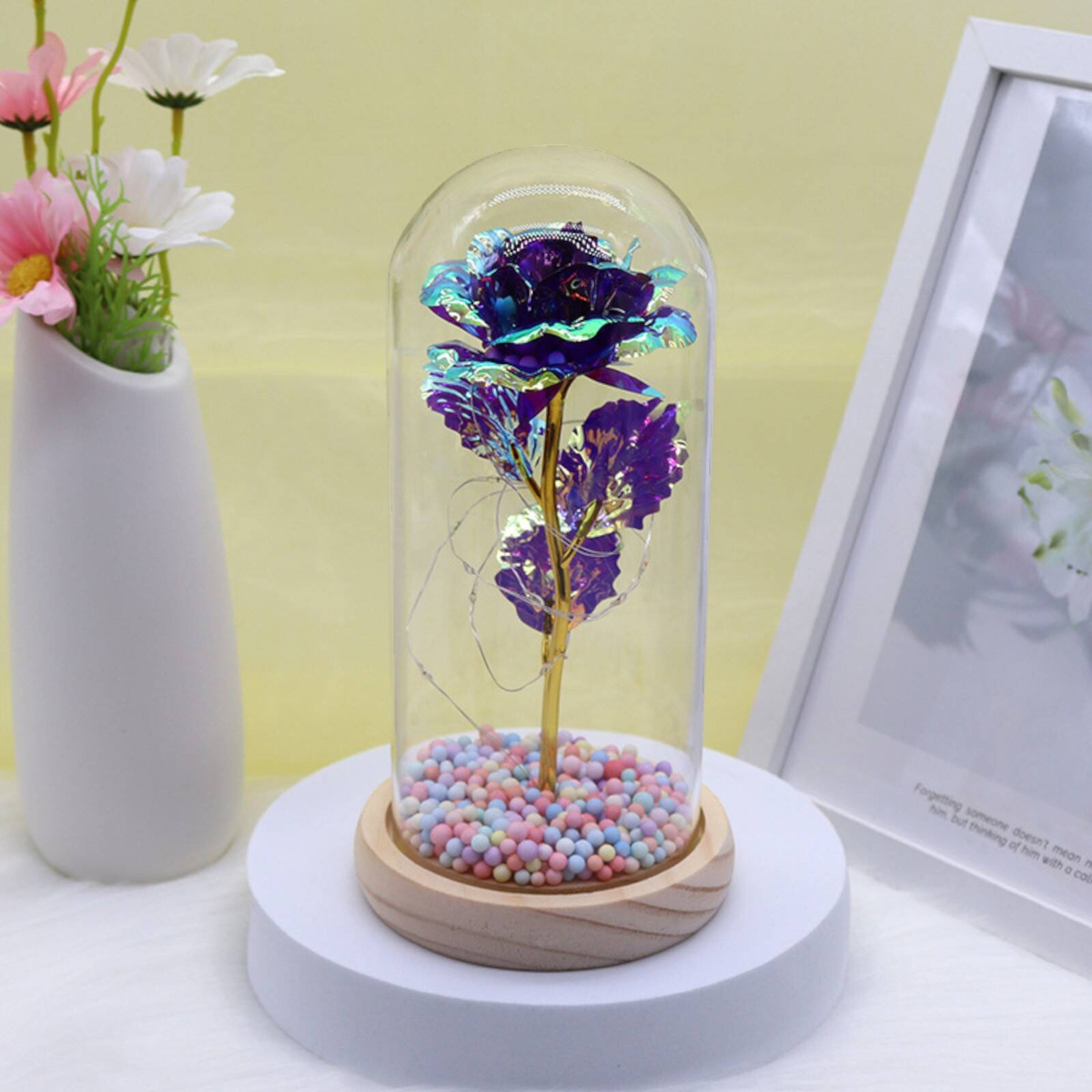 WIECZNA RÓŻA W SZKLE PREZENT NA WALENTYNKI ŚWIECĄCA LED PUDEŁKO PREZENT