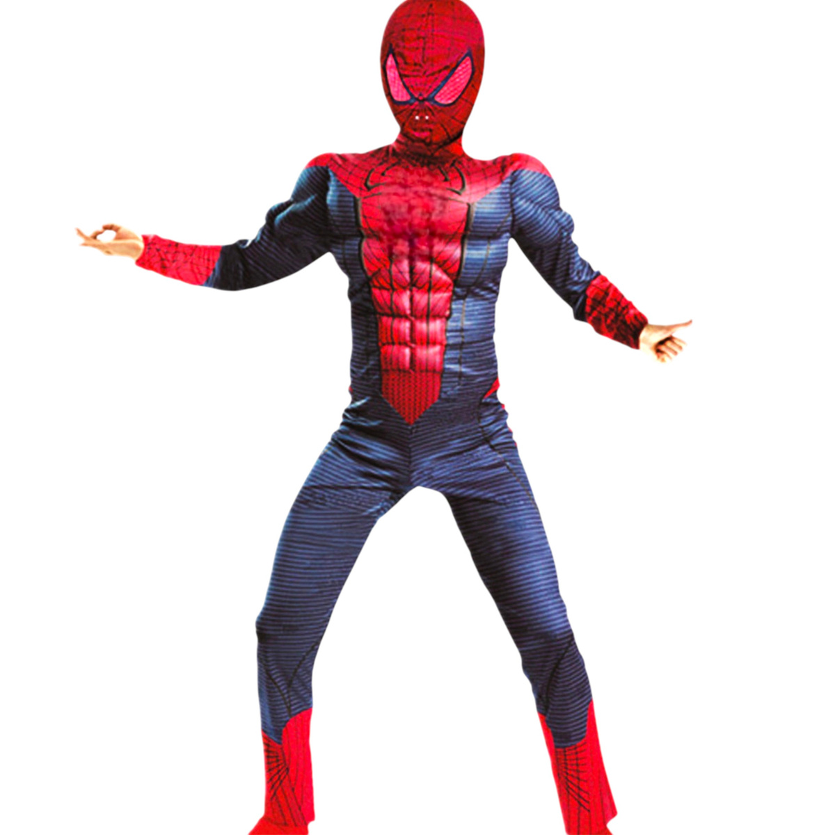 STRÓJ SPIDERMANA DLA CHŁOPCA SPIDERMAN KOSTIUM GRUBY MIĘŚNIE MASKA 122-128