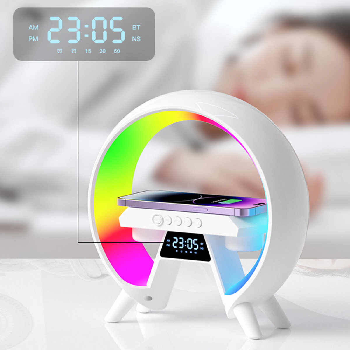 4W1 LAMPKA LED ŁADOWARKA BEZPRZEWODOWA IQ GŁOŚNIK BLUETOOTH BUDZIK RADIO FM