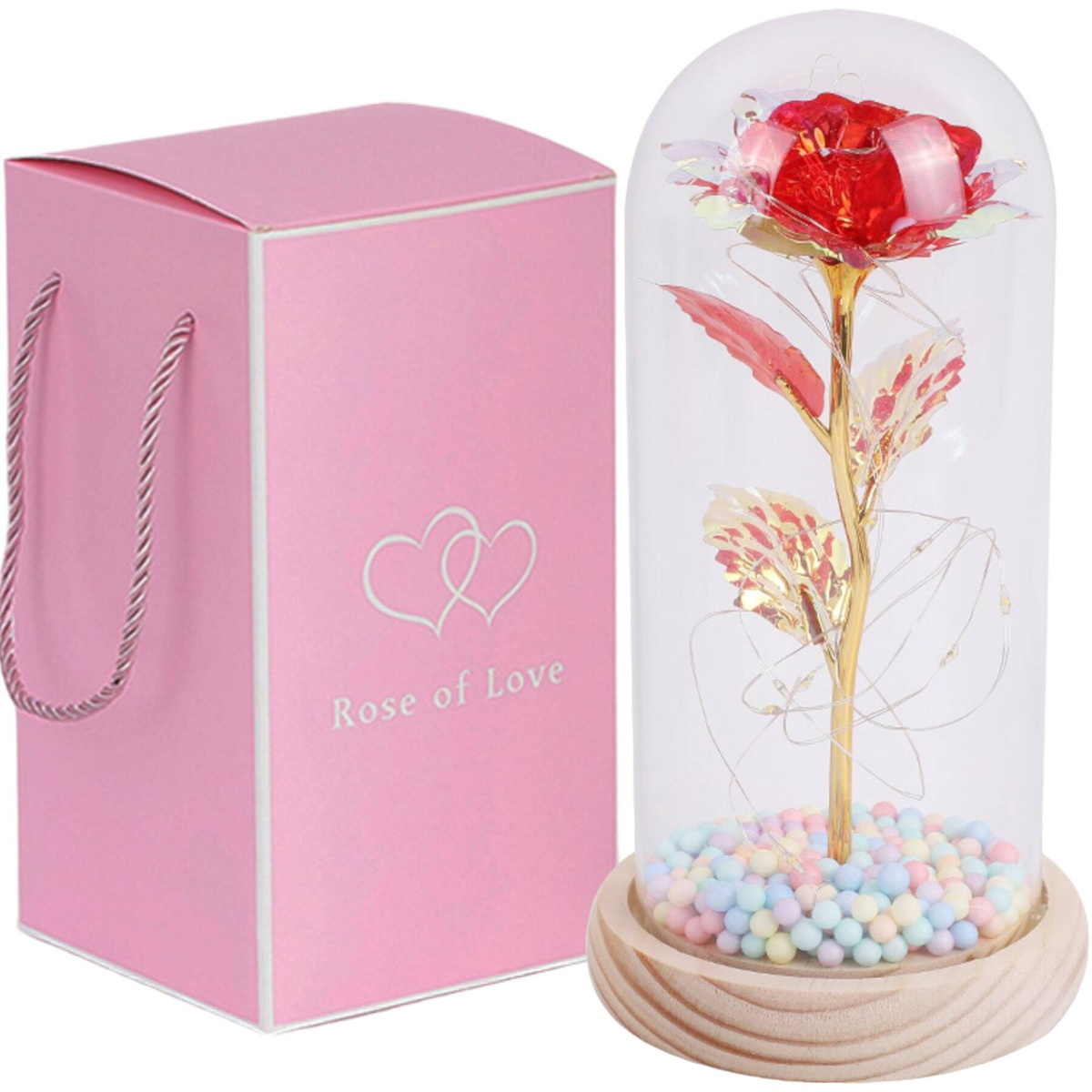 WIECZNA RÓŻA W SZKLE PREZENT NA WALENTYNKI ŚWIECĄCA LED PUDEŁKO PREZENT