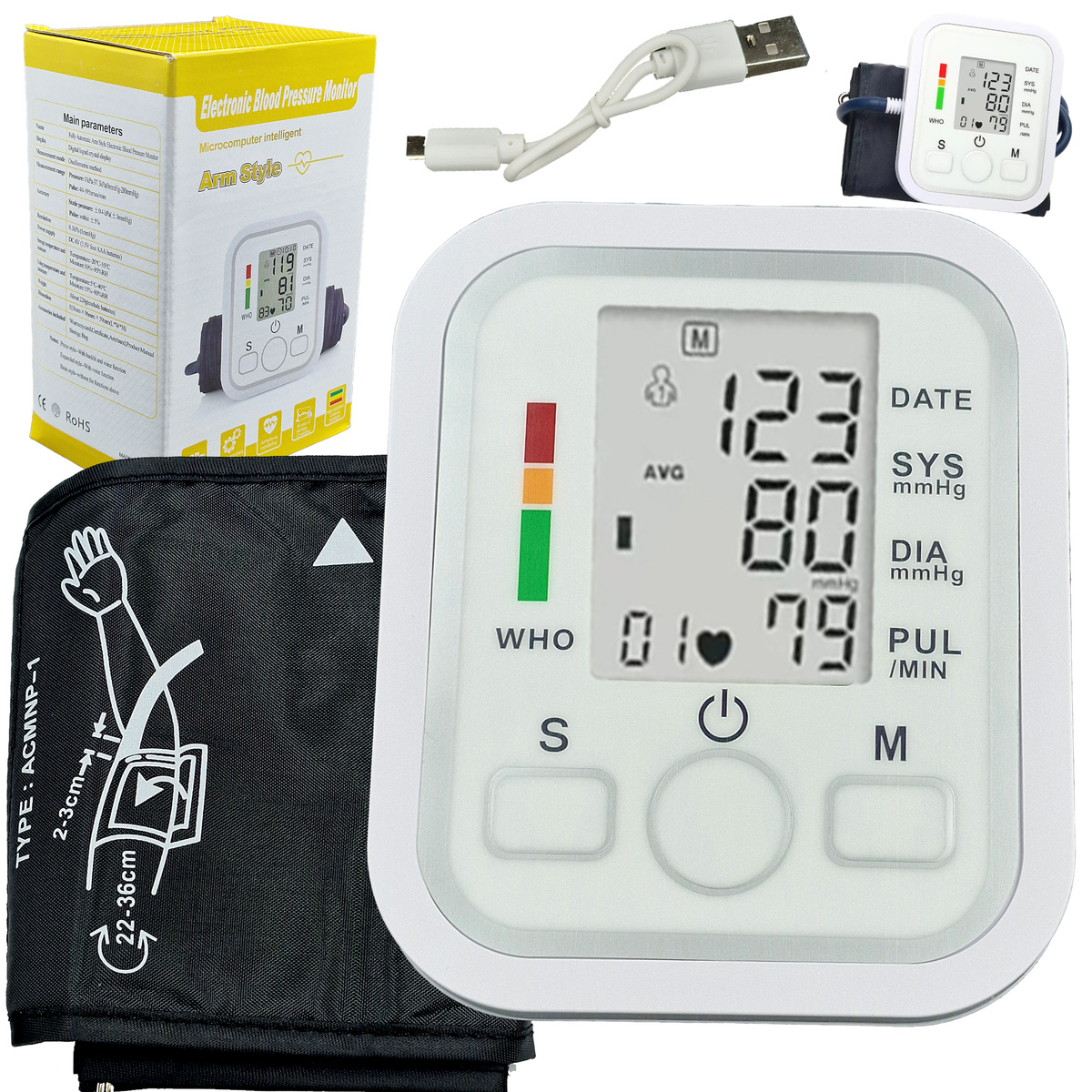 CIŚNIENIOMIERZ NARAMIENNY ELEKTRONICZNY WYŚWIETLACZ LED USB 22-32CM PAMIĘĆ