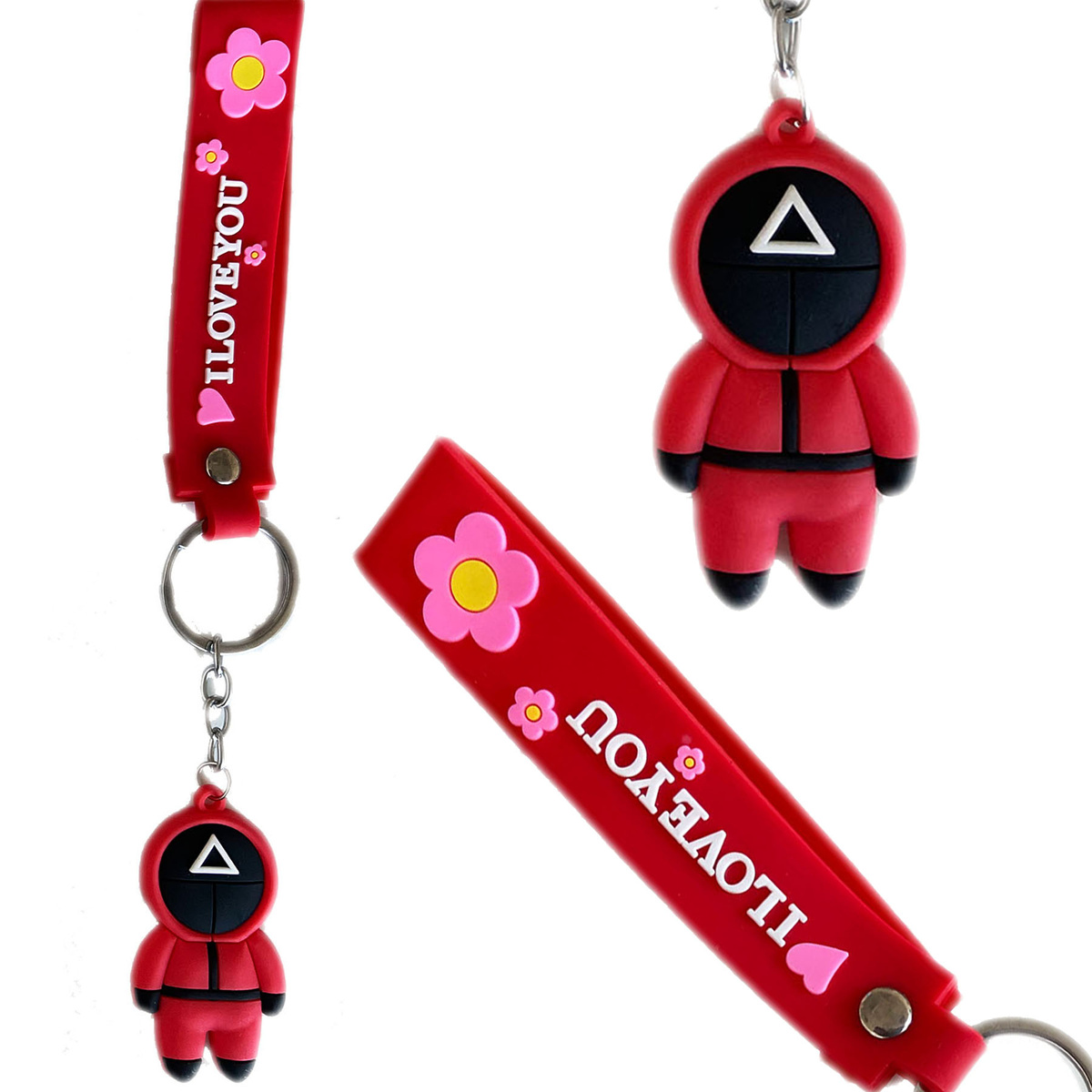 BRELOCZEK DO KLUCZY Z FILMU SQUID GAME STRAŻNIK TRÓJKĄT WISIOREK GUMOWY 