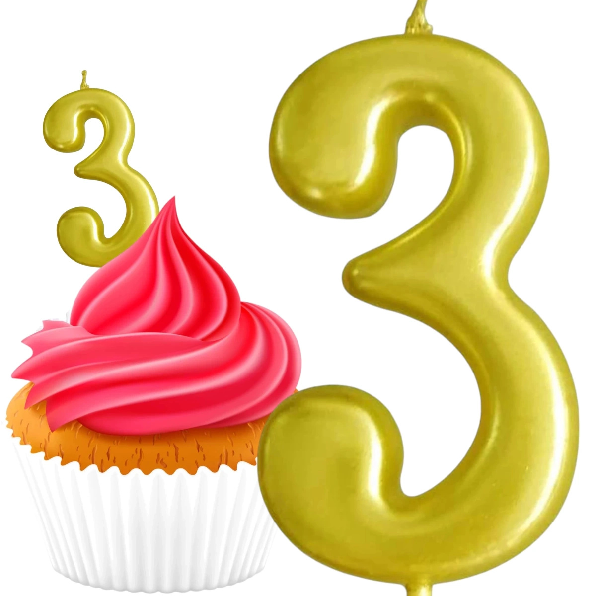 ŚWIECZKA URODZINOWA NA TORT CYFRA 3 ZŁOTA DEKORACJE URODZINOWE 6cm