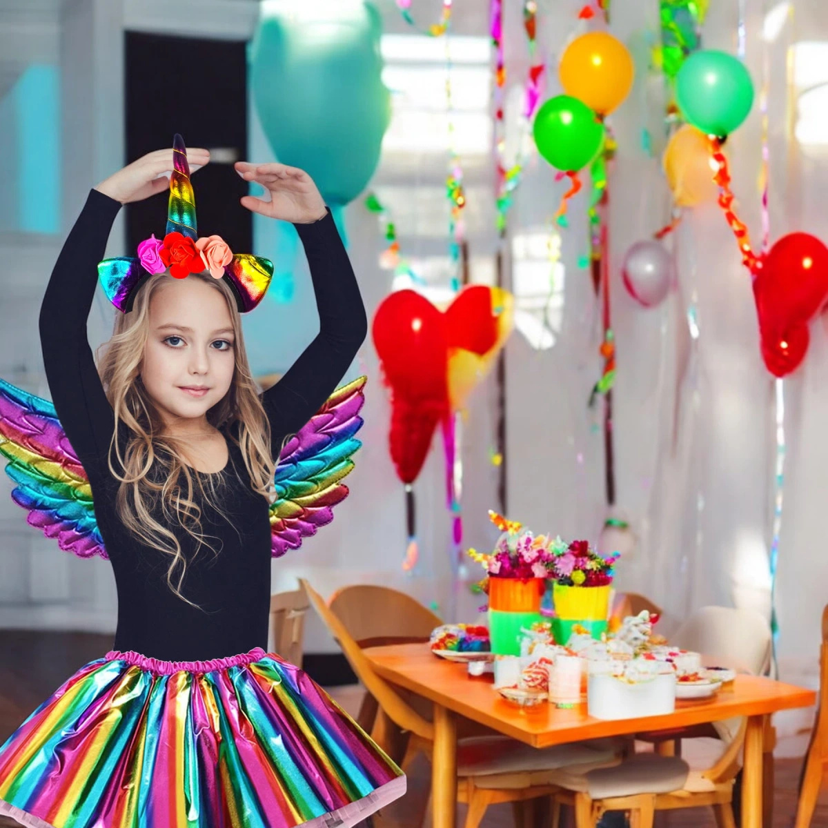 MAGICZNY STRÓJ JEDNOROŻEC DLA DZIEWCZNKI NA BAL SKRZYDŁA OPASKA SPÓDNICZKA