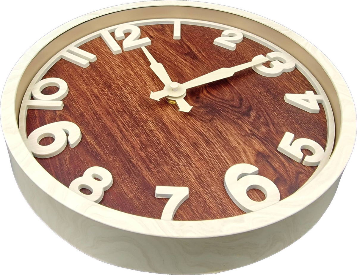 NOWOCZESNY  ZEGAR ŚCIENNY Z DREWNIANA TARCZĄ BIAŁYMI ELEMENTAMI DUŻY 30cm 