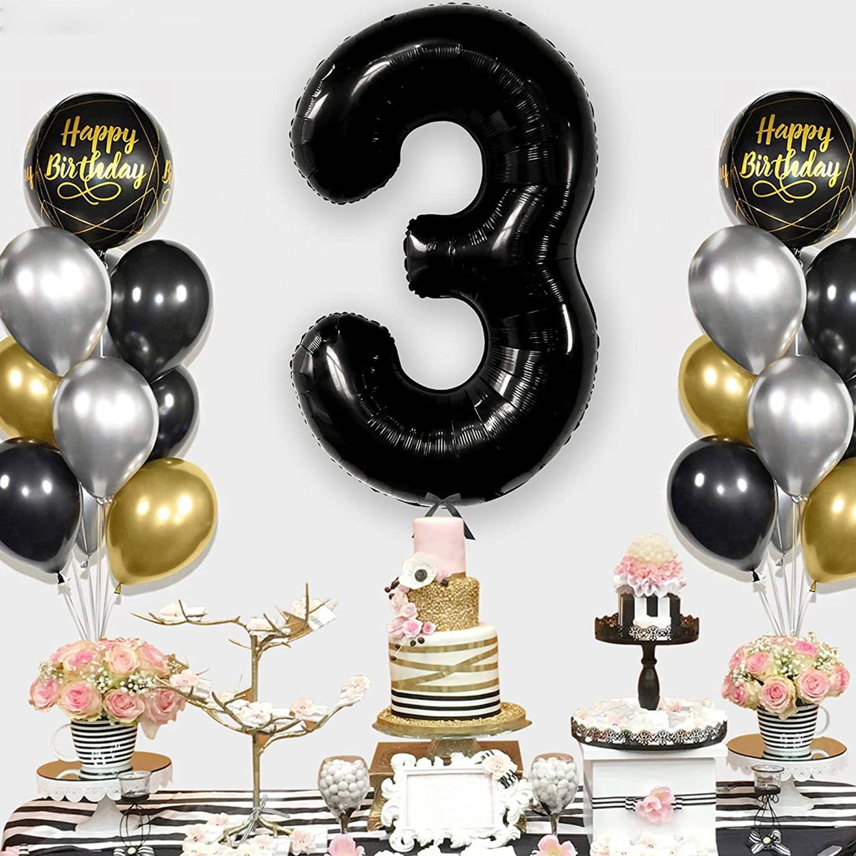 BALON NA 4 URODZINY FOLIOWY CYFRA 3 TRZY CZARNY NA HEL POWIETRZE 100CM