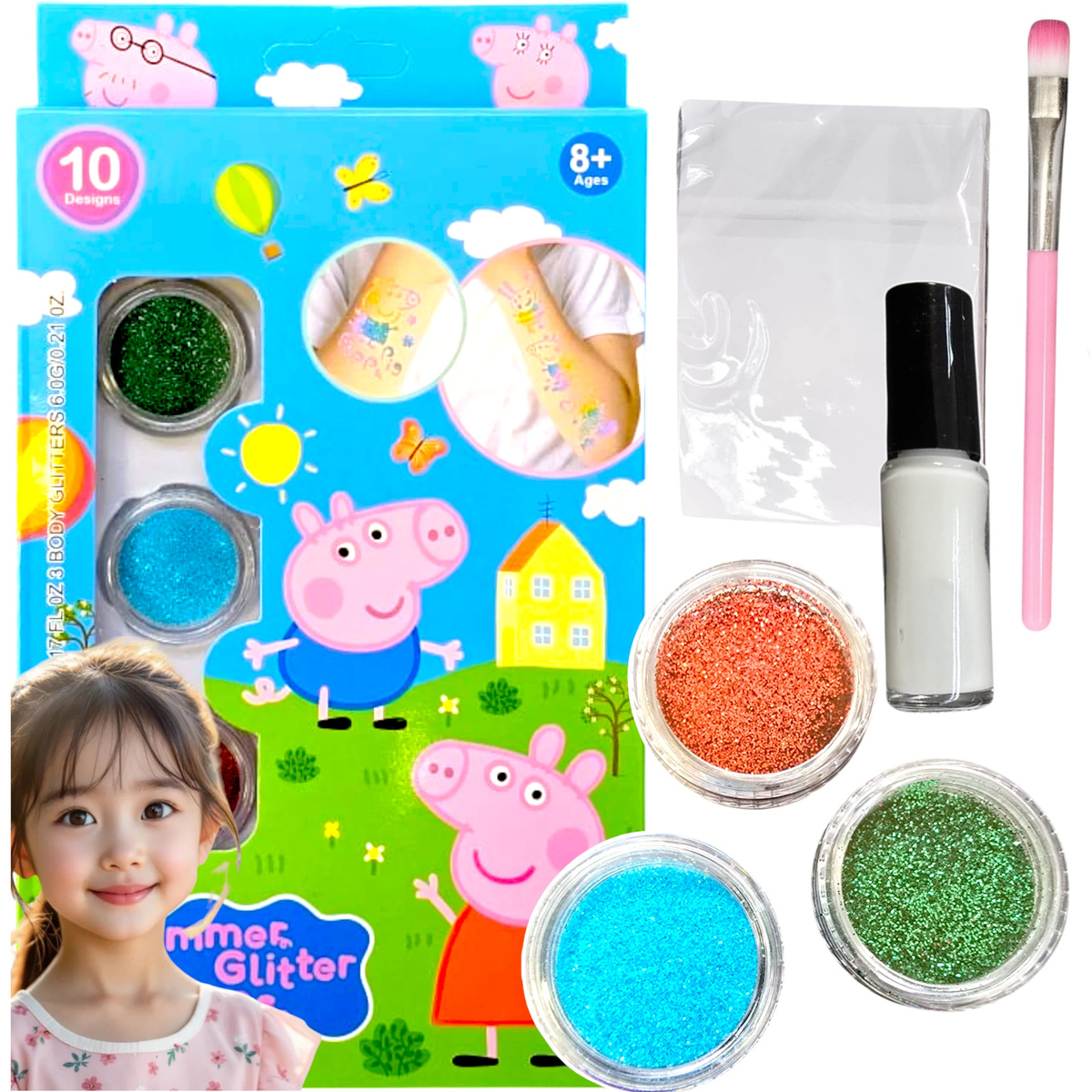 TATUAŻE ŚWINKA PEPPA ZESTAW DO TWORZENIA TATUAŻY BROKATOWYCH SZABLONY TATOO