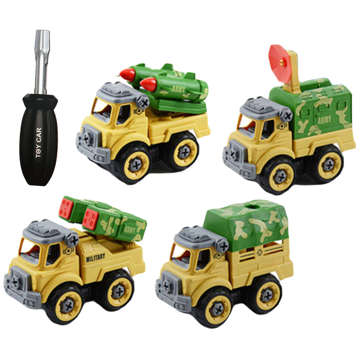ZESTAW POJAZDÓW DO SKRĘCANIA POJAZDY WOJSKOWE 4 SZTUKI + ŚRUBOKRĘT ARMIA