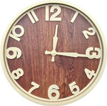 NOWOCZESNY ZEGAR ŚCIENNY Z DREWNIANĄ TARCZĄ I KREMOWYMI AKCENTAMI DUŻY 35cm