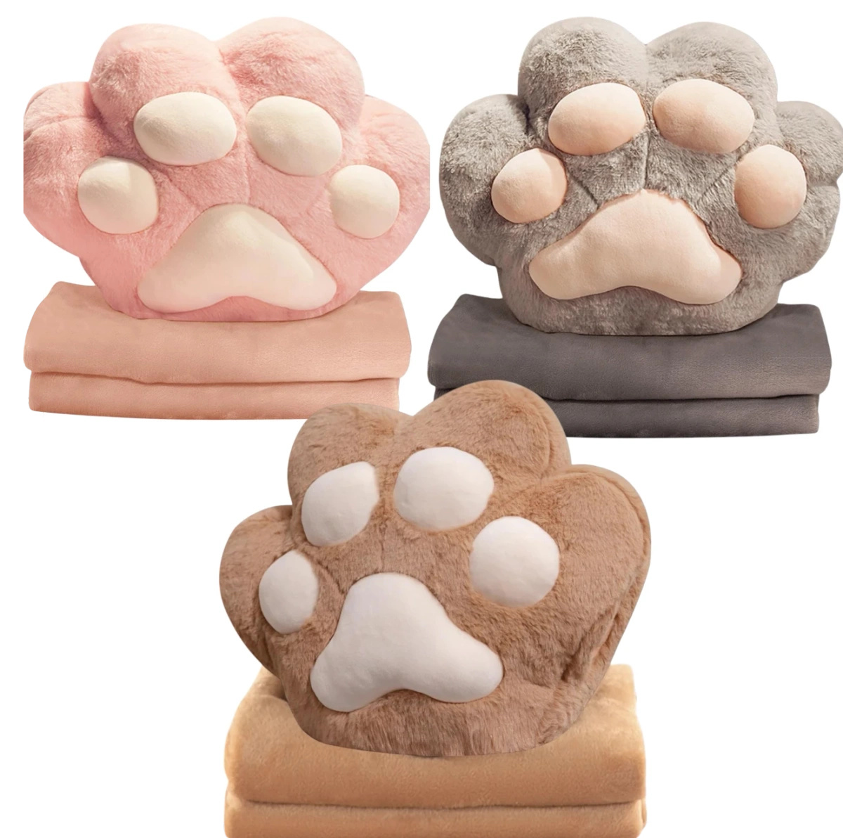 DUŻA MIĘKKA PLUSZOWA PODUSZKA KOCIA ŁAPKA Z KOCEM 3w1 OGRZEWACZ DO RĄK 40CM