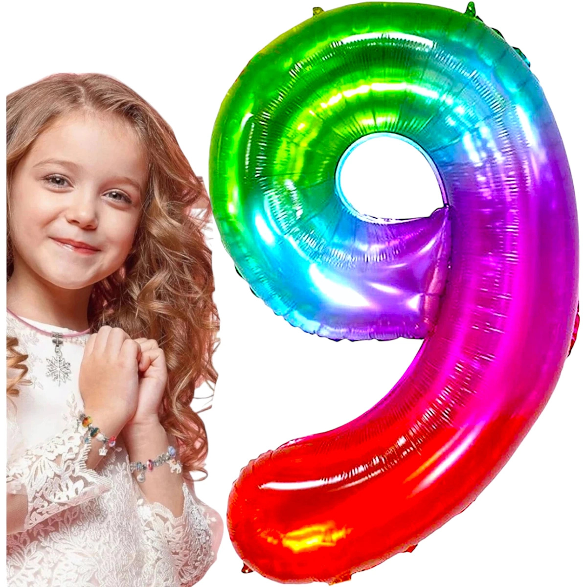 BALON NA 9 URODZINY FOLIOWY CYFRA 9 DZIEWIĘĆ TĘCZOWY KOLOROWY NA HEL 100CM