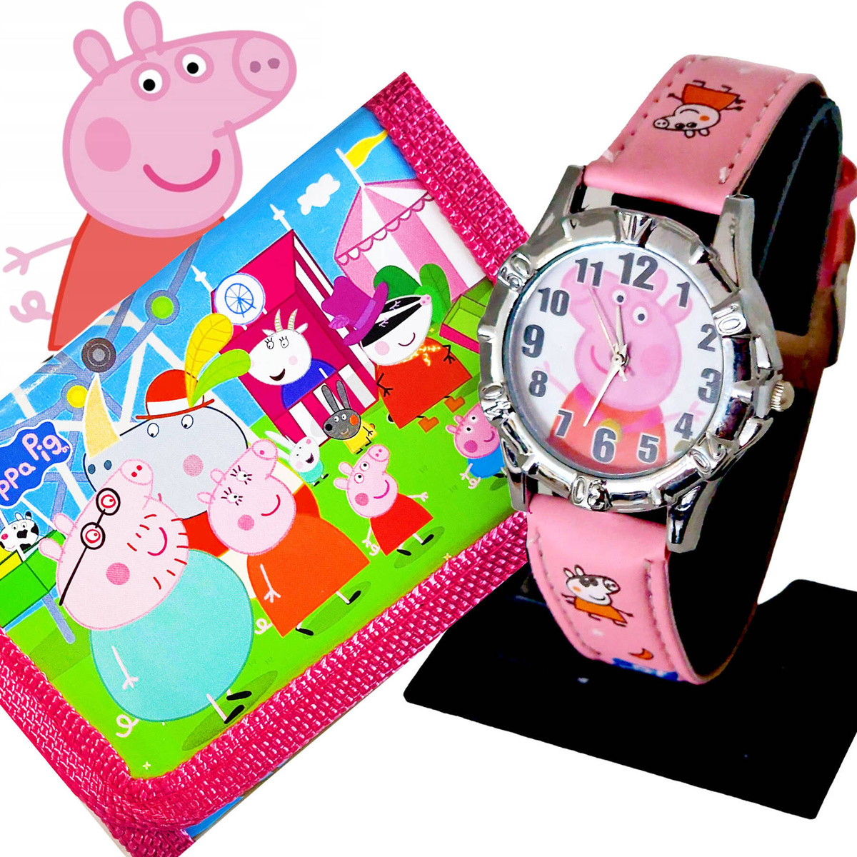 SUPER ZESTAW DLA DZIEWCZYNKI ZEGAREK + PORTFELIK ŚWINKA PEPPA EKO SKÓRA 2W1