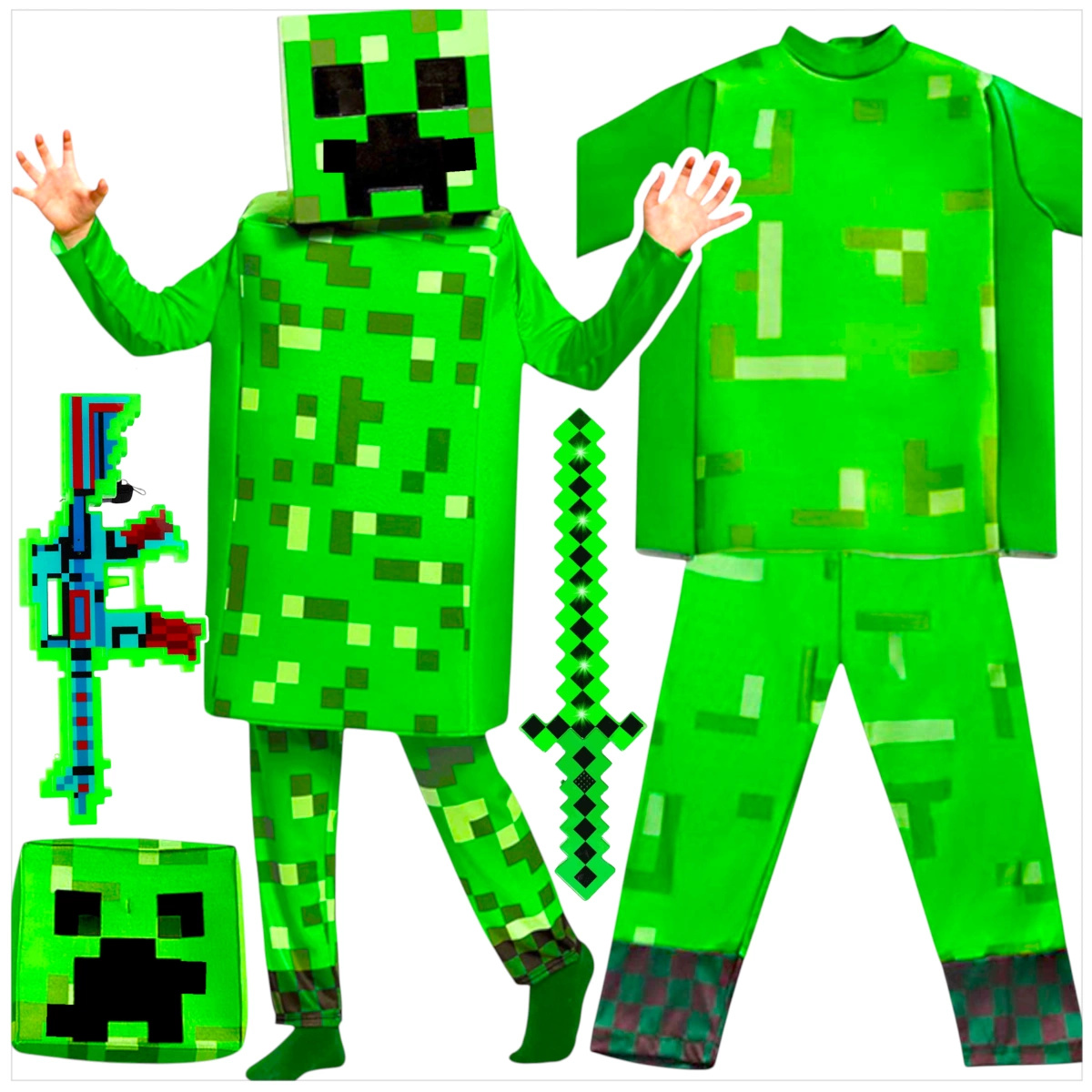 MINECRAFT Strój dla chłopca CREEPER / kostium na bal rozmiar L 130-140 cm + miecz + karabin